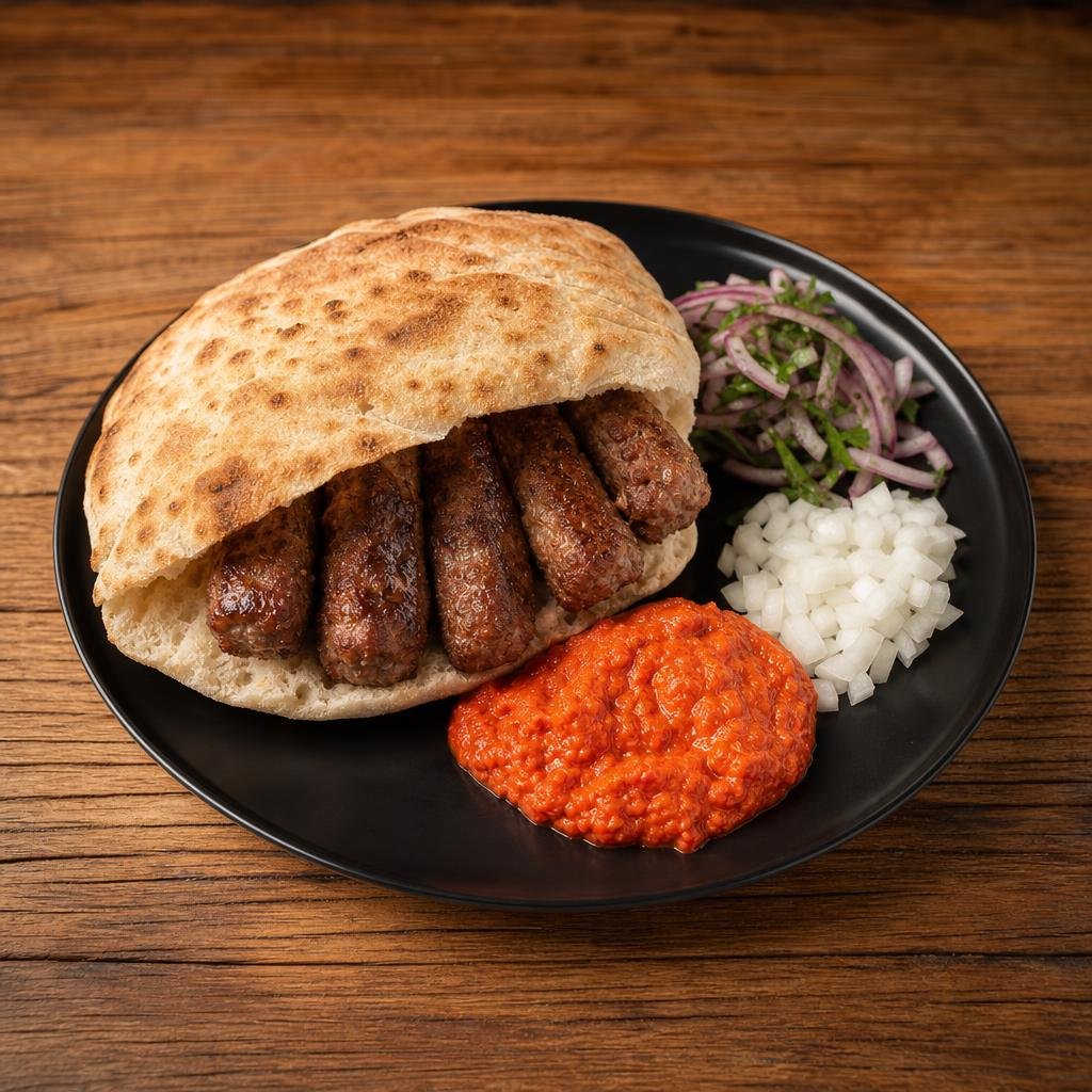 Cevapcici in Lepinja mit Ajvar auf einem Holztisch
